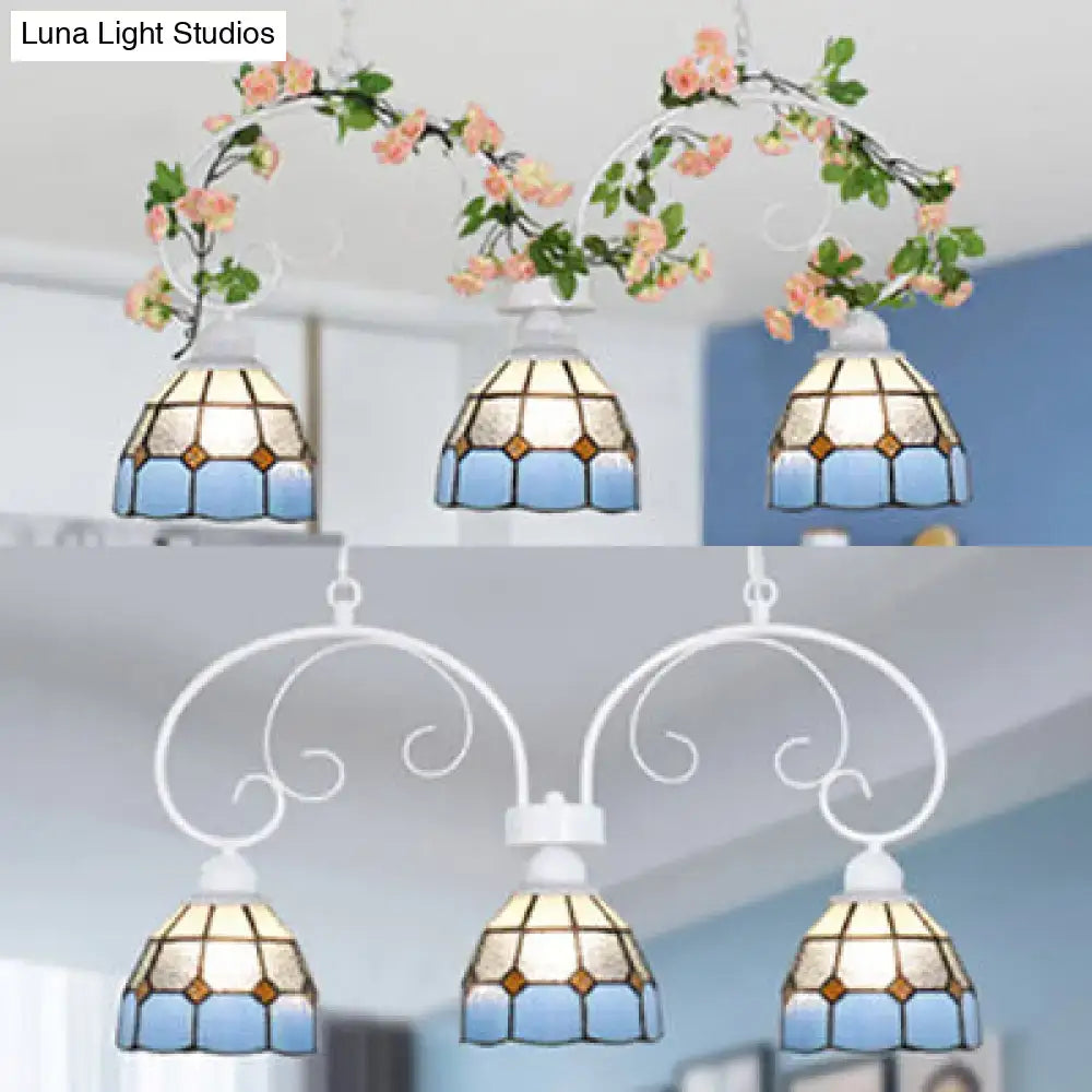 Decorbites tiffany dome shade island pendant light with stained glass blue amber panels white metal scrollwork frame pink white