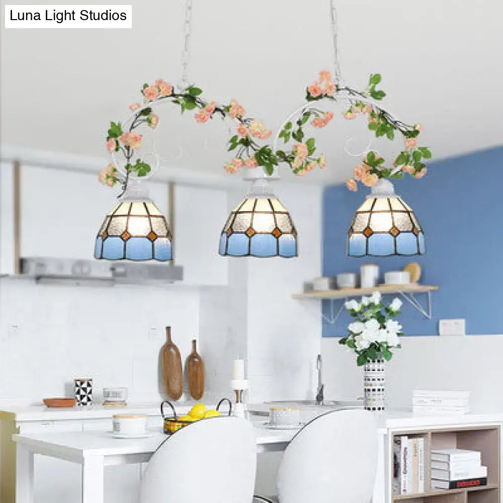 Three blue and gold stained glass pendant lights with chain cord length for dining room in pink white LED incandescent fluorescent style