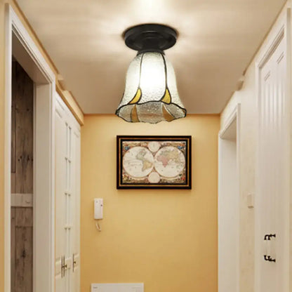 Decorbites tiffany style stained glass shaded semi flush ceiling mounted light with black metal base and yellow accents