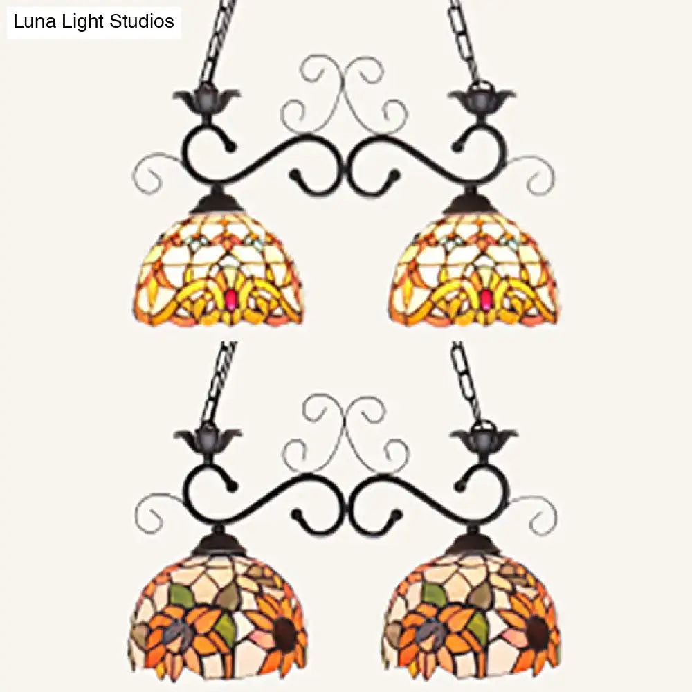 Two black decorbites stainless glass pendant lights with stained glass sunflower and baroque patterns for island lighting