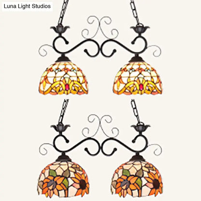 Two black decorbites stainless glass pendant lights with stained glass sunflower and baroque patterns for island lighting