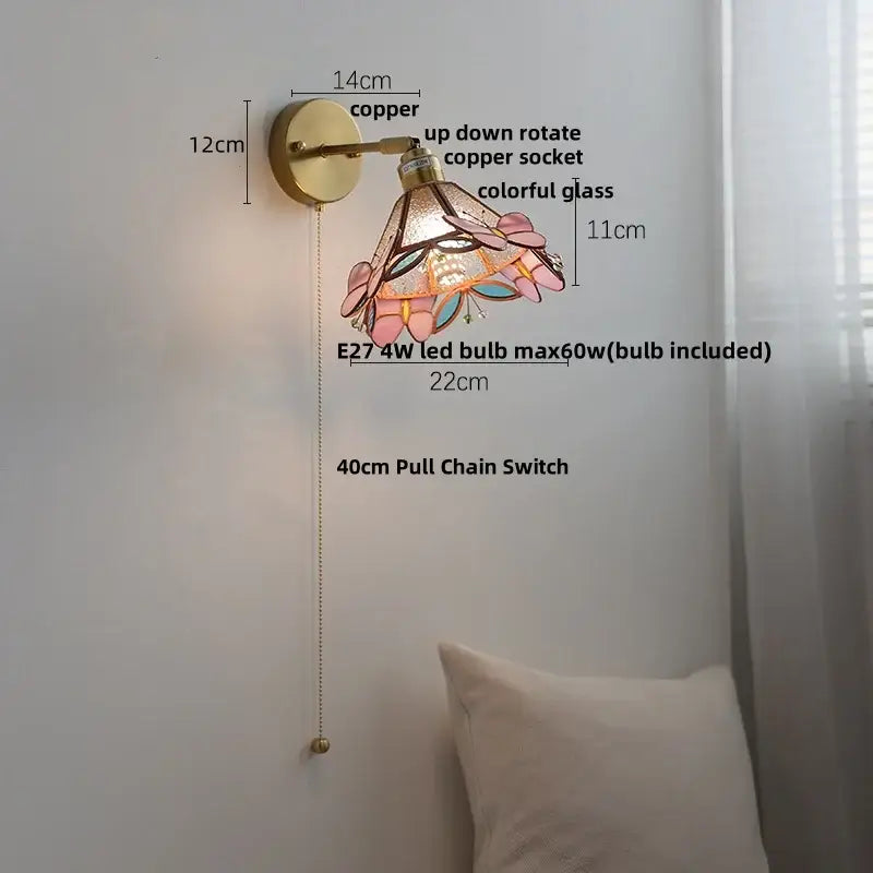 Tiffany tulip colorful square glass wall lights with a copper base and pink teal stained glass shade for bedroom decorbites