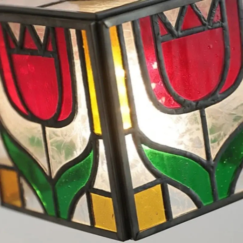 Tiffany tulip colorful square glass wall lights featuring vibrant red tulips and green leaves in black leaded glass decorbites colorful square