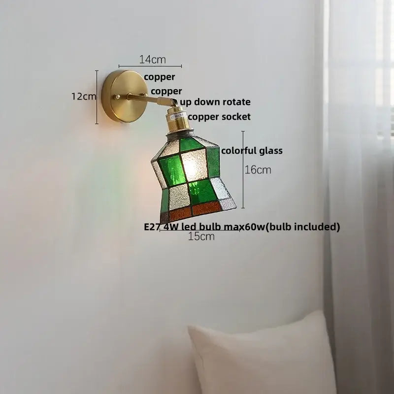 Tiffany tulip colorful square glass wall lights featuring a copper vintage-style sconce with green stained glass shade