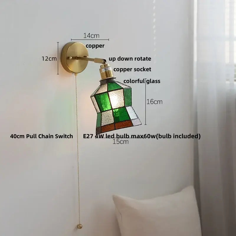 Tiffany tulip colorful square glass wall lights with copper finish and green white amber stained glass shade for decorbites wall lights
