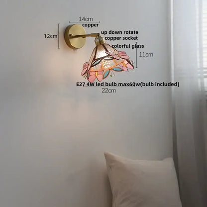 Tiffany tulip colorful square glass wall lights with decorative copper sconce and pink and blue floral stained glass shade