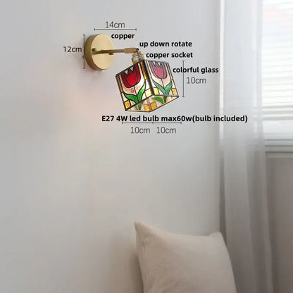 Copper wall sconce with decorbites colorful square glass featuring a red tulip design for bedroom wall lights decor