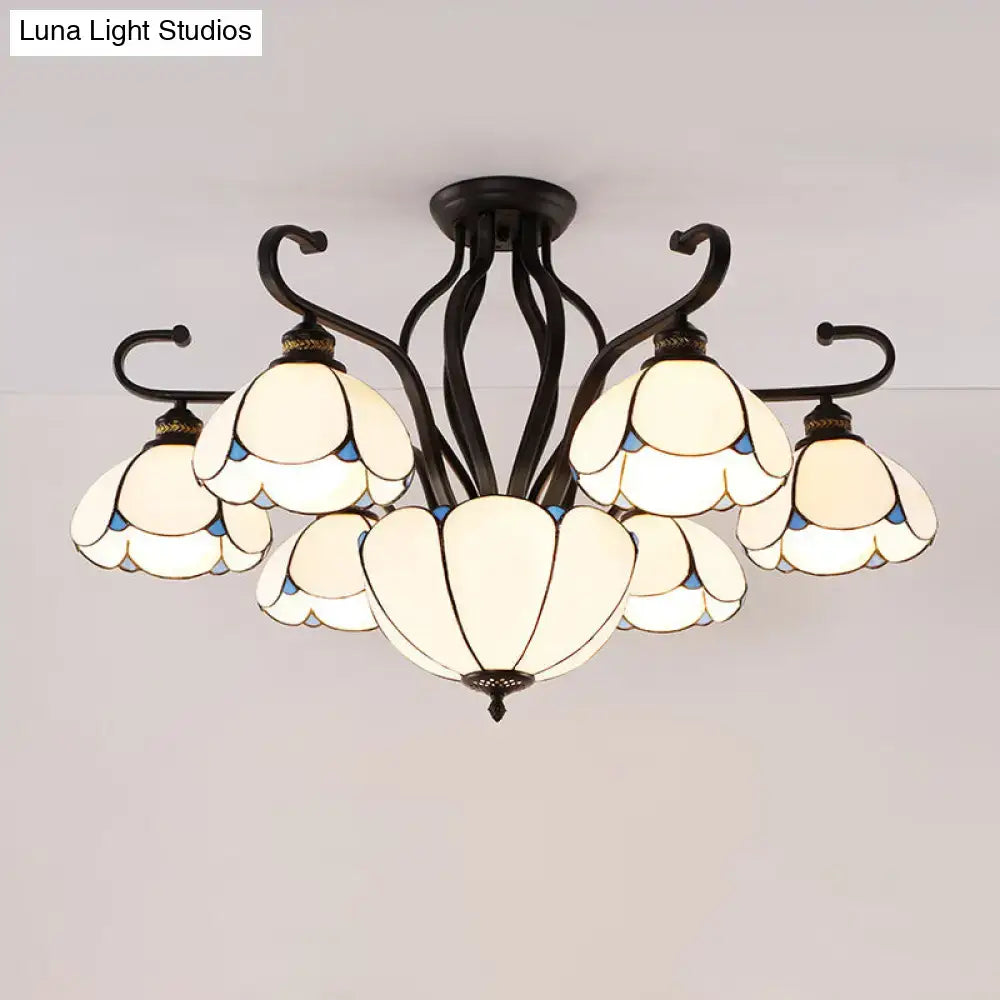 Black wrought iron DecorBites™ semi-flush mount chandelier with six cream and blue Tiffany glass shades for living room light type