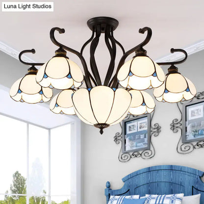 Decorbites™ handcrafted black wrought iron chandelier with six cream and blue tiffany glass shades for living room semi-flush mount light type