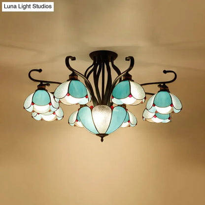 DecorBites semi-flush mount living room ceiling light type with five teal tiffany-style flower glass shades and red bead accents
