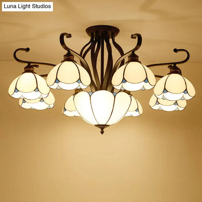 DecorBites™ handcrafted Tiffany glass semi-flush mount chandelier with bronze finish and cream stained glass shades for living room lighting