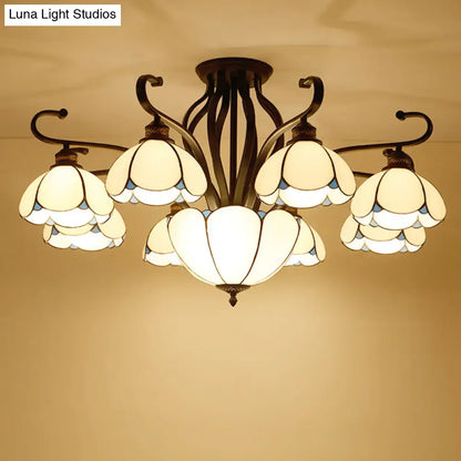 Decorbites™ handcrafted tiffany glass semi-flush mount chandelier with bronze finish and stained glass shades for living room