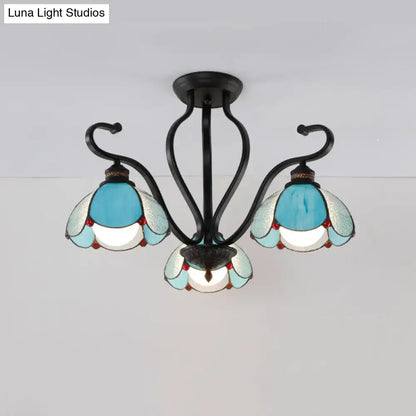 Stylish DecorBites™ semi-flush mount living room three-light chandelier with black wrought iron and multicolor Tiffany glass shades