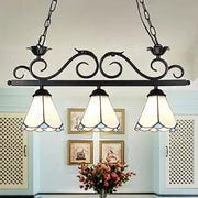 Black wrought iron decorbites tiffany style island chandelier light with three white and blue stained glass shades for led incandescent fluorescent bulbs 110v-120v 220v-240v