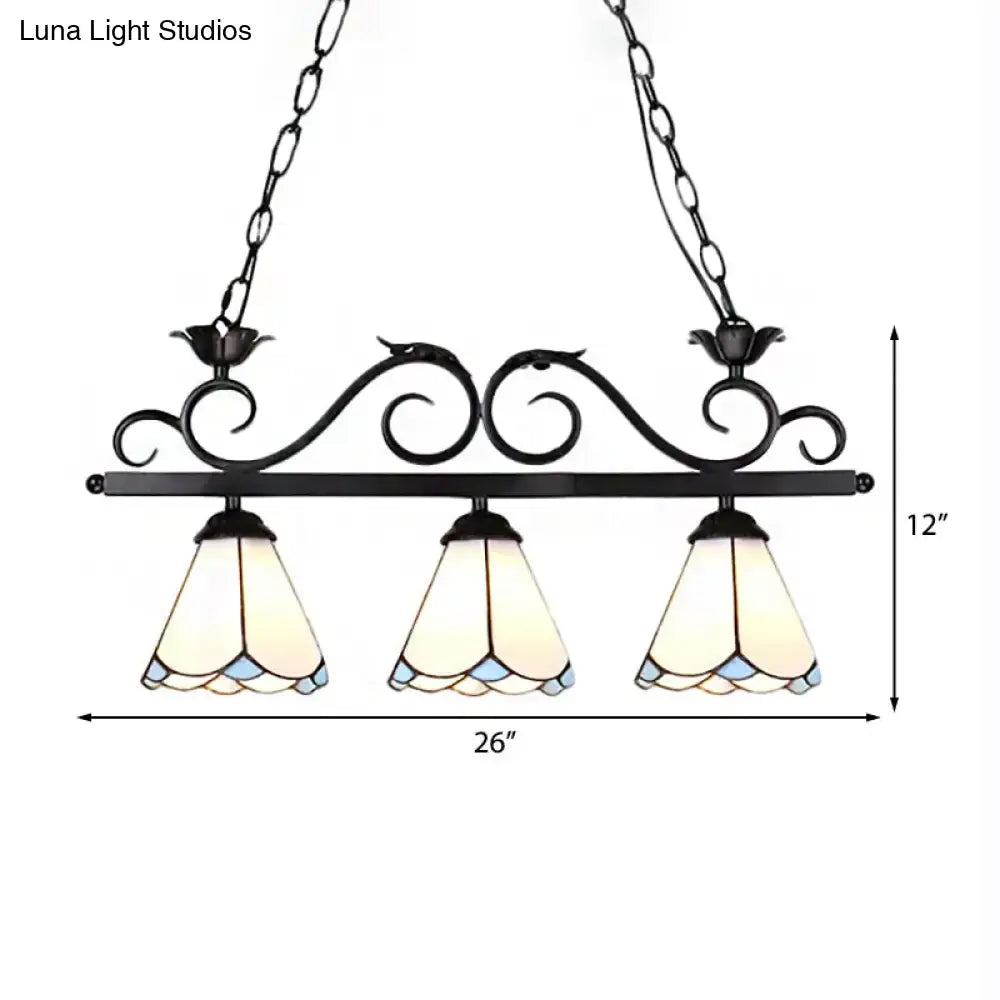 Black wrought iron decorbites tiffany style island chandelier light with three cream and light blue stained glass shades suitable for 220v-240v 110v-120v led incandescent fluorescent bulbs