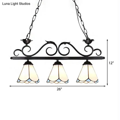 Black wrought iron decorbites tiffany style island chandelier light with three cream and light blue stained glass shades suitable for 220v-240v 110v-120v led incandescent fluorescent bulbs