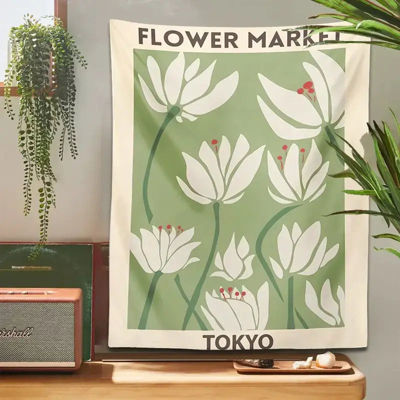Tokyo flower market dreamy flower tapestry wall hanging featuring white blossoms on olive green for bedroom decorbites dreamy flower decor