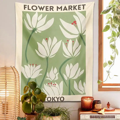 Beige dreamy flower tapestry wall hanging with vintage white flowers red centers and flower market tokyo text for bedroom decorbites