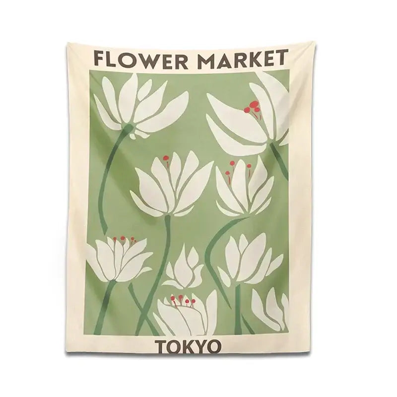Beige dreamy flower tapestry wall hanging with vintage white flowers on olive green for bedroom decorbites decor