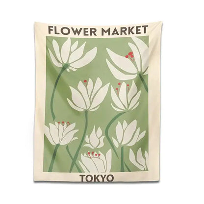 Beige flower tapestry wall hanging with vintage white flowers and green stems on olive background by decorbites dreamy flower
