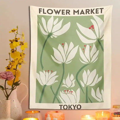 Tokyo flower market dreamy flower tapestry wall hanging features soft green floral design with cream borders for bedroom decorbites decor