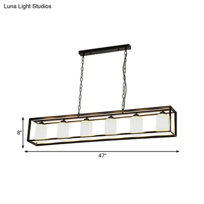 Black metal rectangular pendant light with five frosted opal glass shades by decorbites traditional series