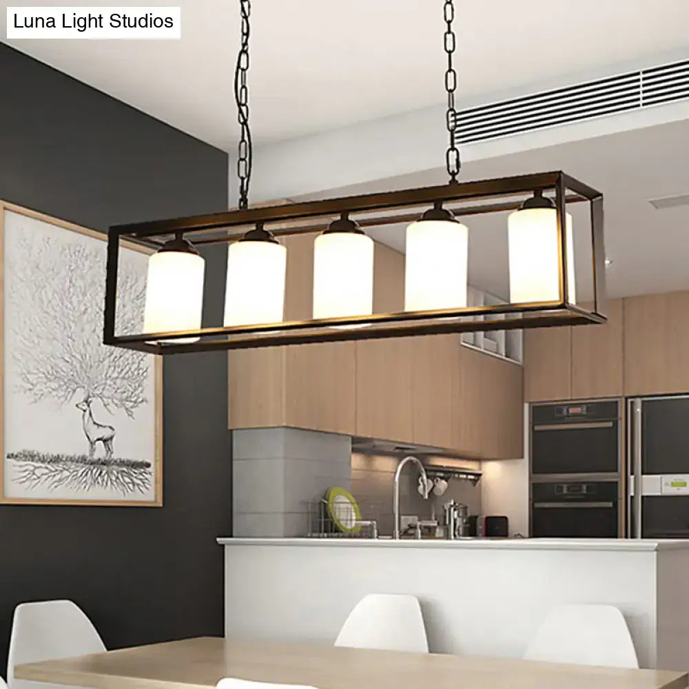 DecorBites™ traditional black metal island pendant light with four opal glass frosted shades suspended by black chain