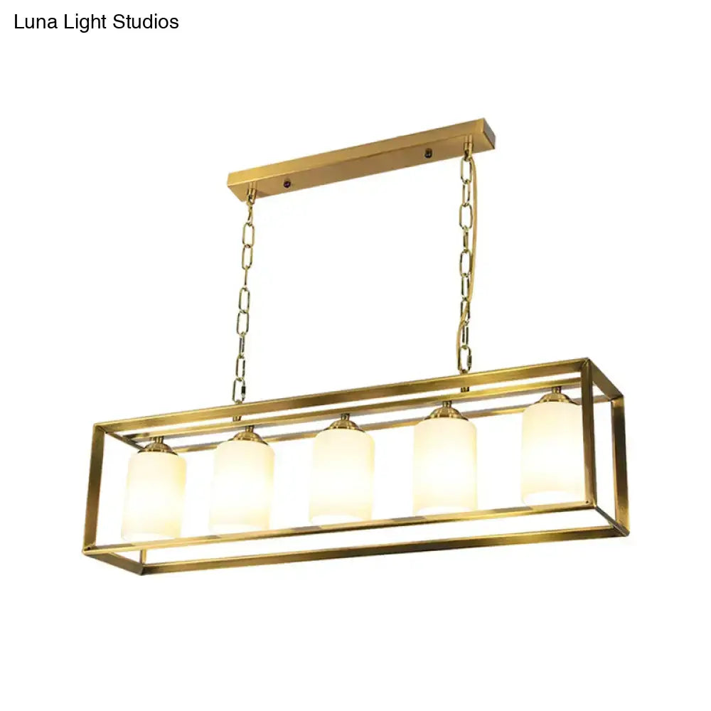 DecorBites™ traditional black and brass island pendant light with five opal glass frosted shades suspended by chains