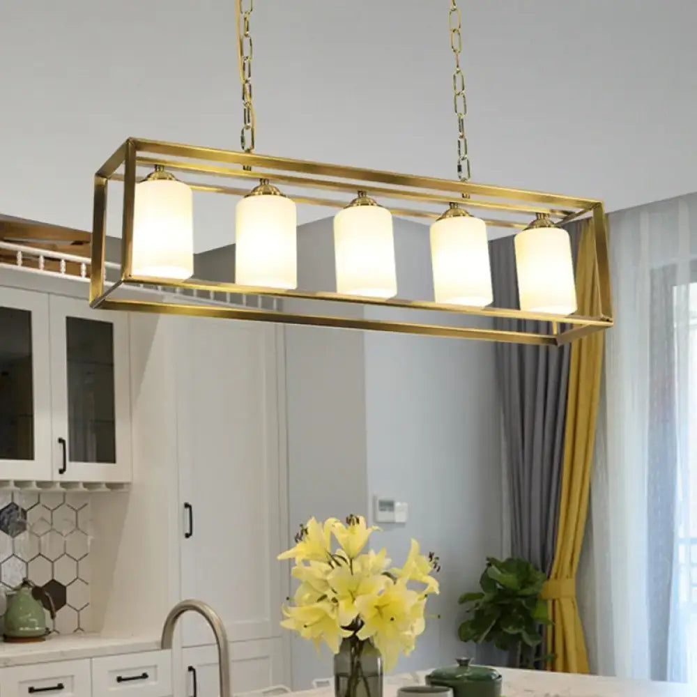 Gold-toned DecorBites™ traditional island pendant light with five opal glass frosted shades suspended by chains
