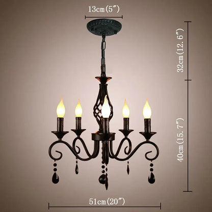 Traditional black wrought iron pendant chandelier with five candle-style bulbs and decorbites crystal pendant droplets for bedroom decor