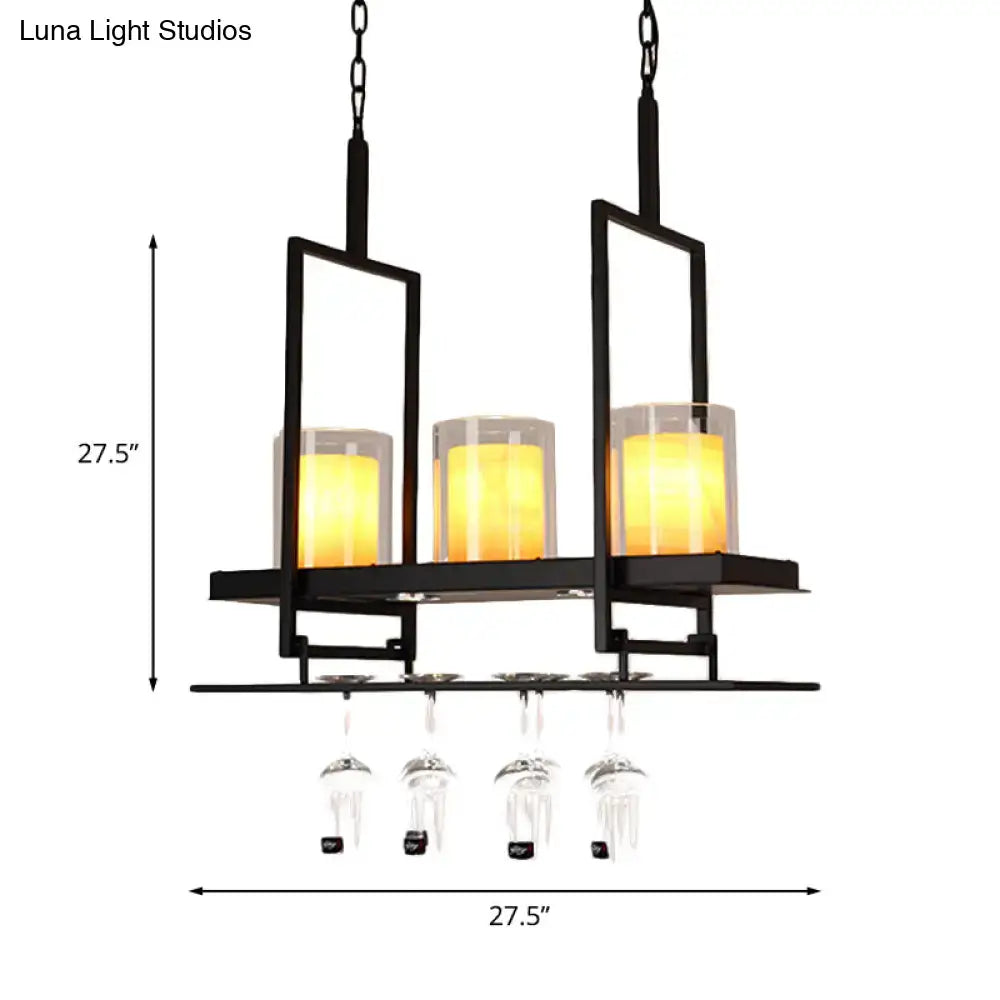 Decorbites traditional black marble pendant light with three heads cylinder island and metal wine glass rack below