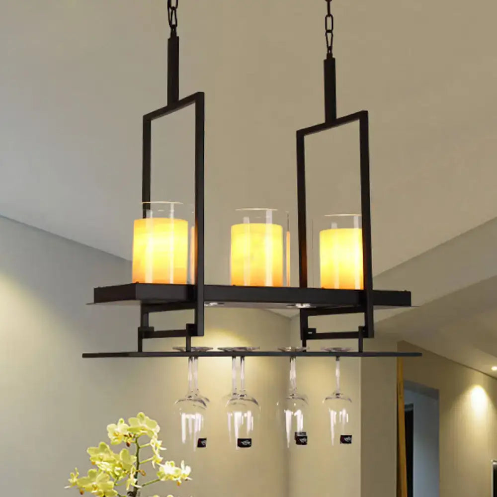 Decorbites traditional black marble heads cylinder island light with black metal wine glass rack and amber candle lights