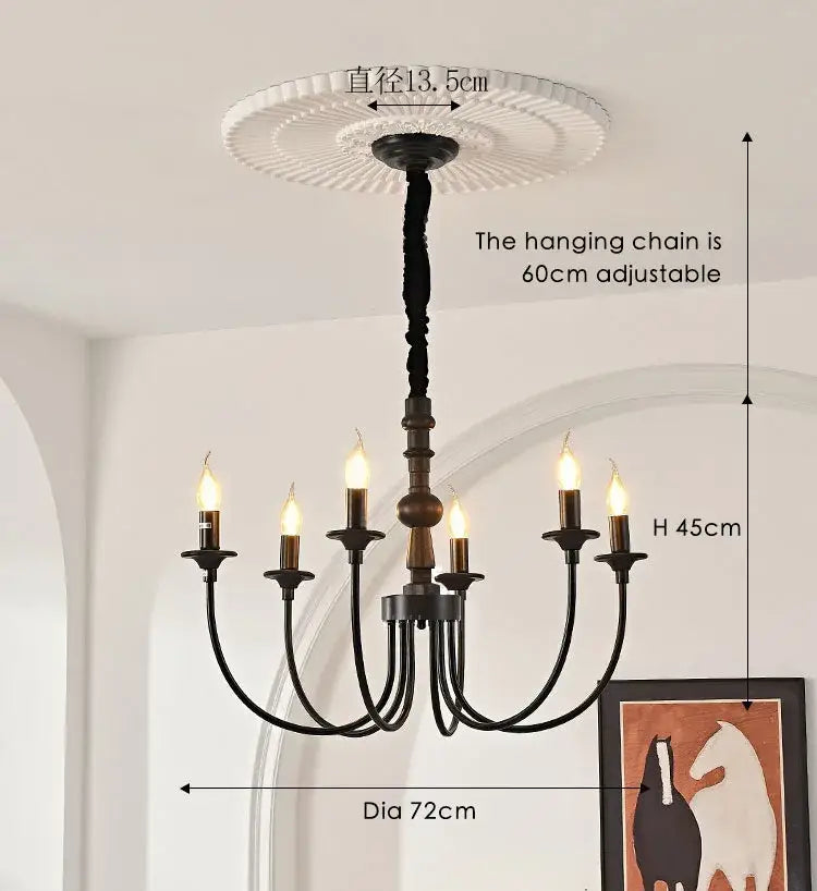 Traditional black metal chandelier with six candle-style heads pendant lights and decorative white ceiling rose