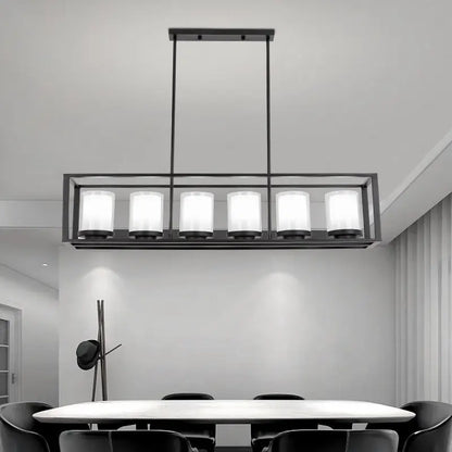 Traditional black rectangle frame pendant light with six frosted glass cylinders for dining room lighting