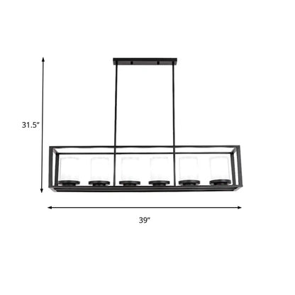 Traditional black rectangle frame pendant light with five clear glass candle bulbs for dining room use