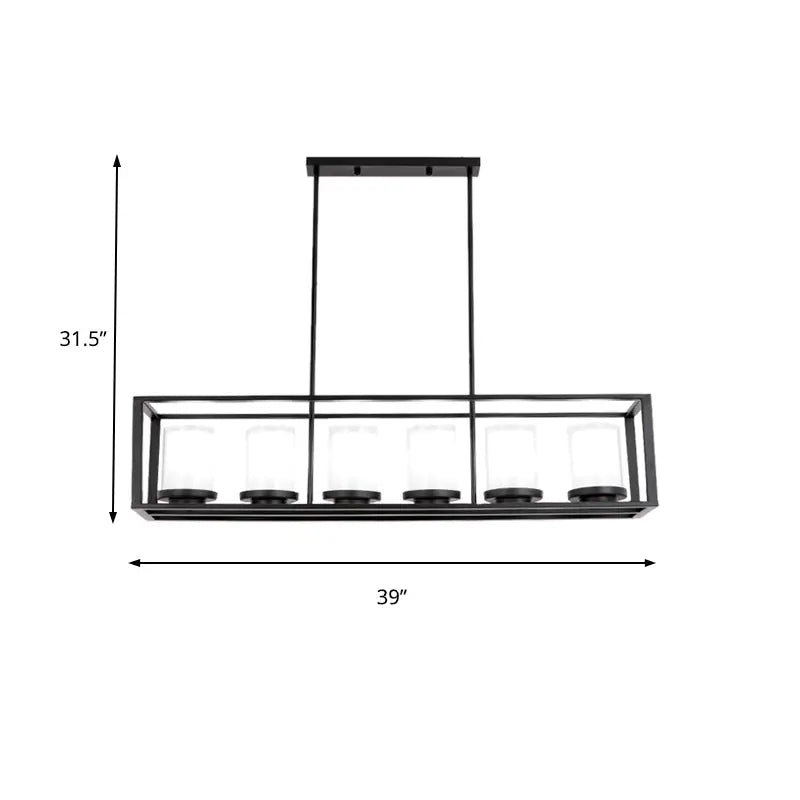 Traditional black rectangle frame pendant light with five clear glass candle bulbs for dining room use