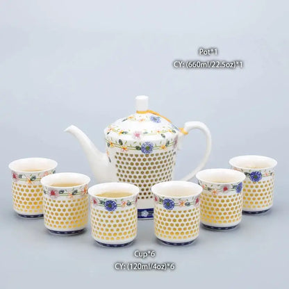 Traditional blue white porcelain tea pot with honeycomb pattern floral accents and gold-trimmed lid handle decorbites blue white