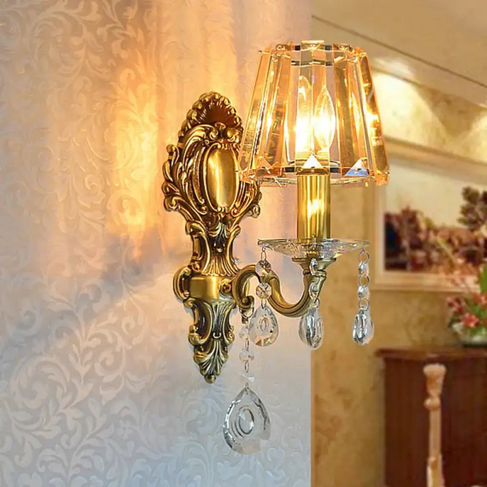 Traditional brass wall lamp with gold-toned ornate design and clear crystal shade for living room 220v-240v 110v-120v
