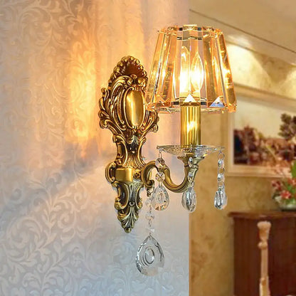 Traditional brass wall lamp with gold-toned ornate design and clear crystal shade for living room 220v-240v 110v-120v