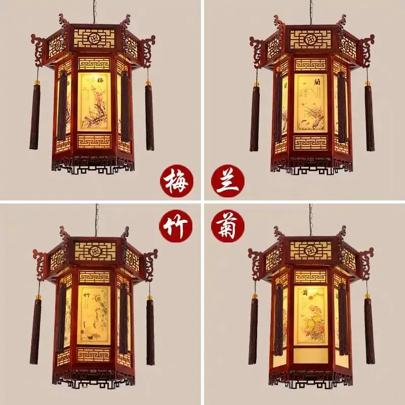 Traditional Chinese bamboo lantern pendant light with intricate carvings, golden floral panels, and dark brown tassels for dining room decorbites bamboo lantern