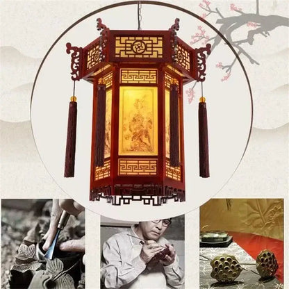 Traditional Chinese carved bamboo red wooden lantern pendant lights with intricate golden patterns and dark tassels for dining room
