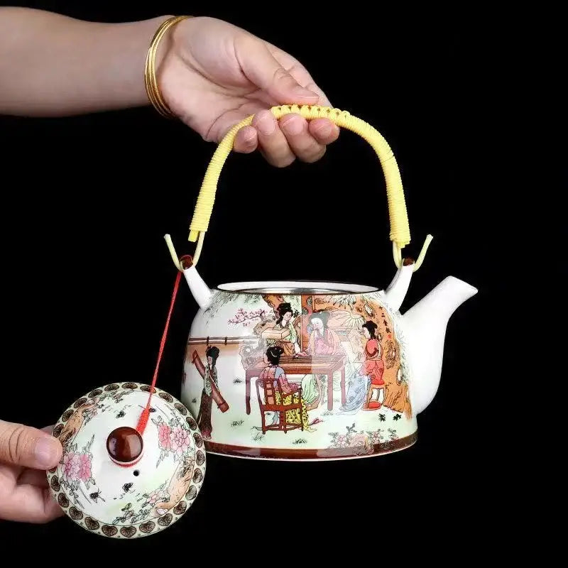 Traditional chinese white porcelain tea pot with yellow woven handle and painted historical figures for dining room decor