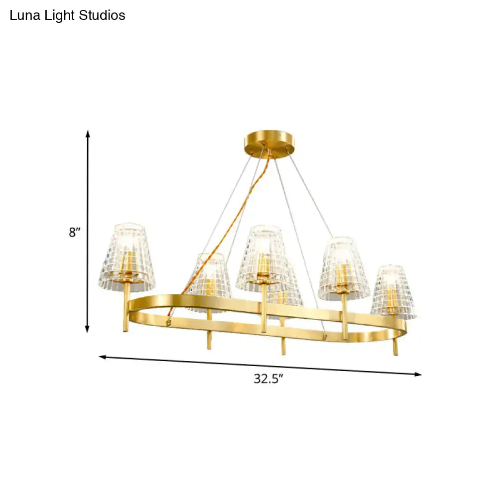 Traditional gold crystal island pendant light with five crystal-encrusted glass shades on a circular frame