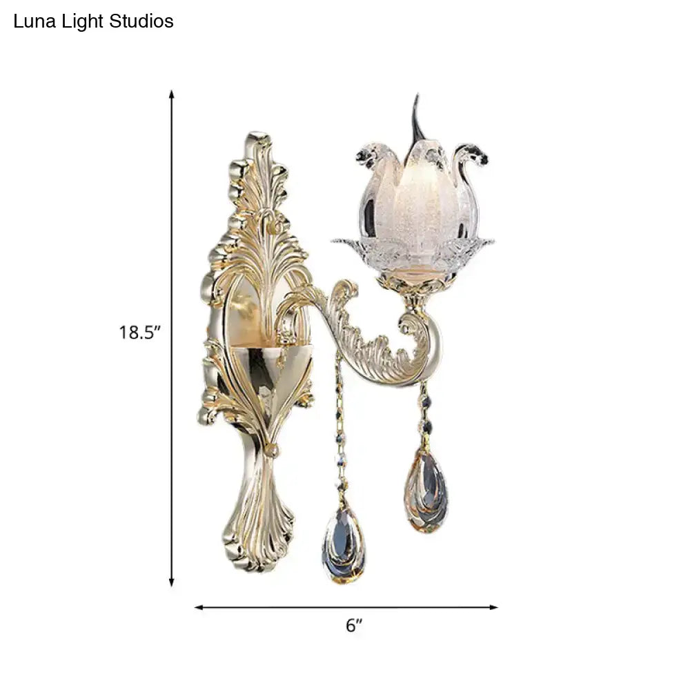 Traditional gold swan frosted glass sconce with crystal lampshade and teardrop crystals for living room wall light