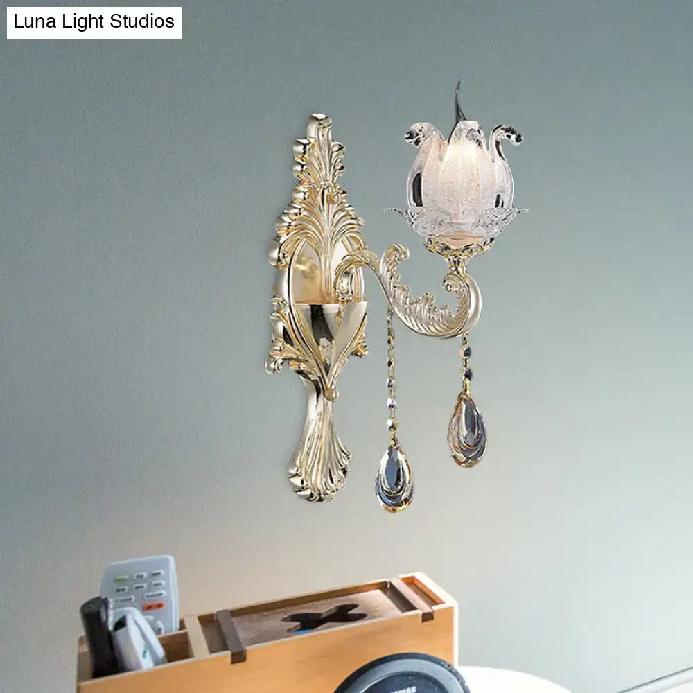 Traditional gold swan living room wall light with frosted glass sconce and crystal teardrop pendants