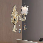 Traditional gold swan frosted glass sconce with crystal pendants for elegant living room wall lighting
