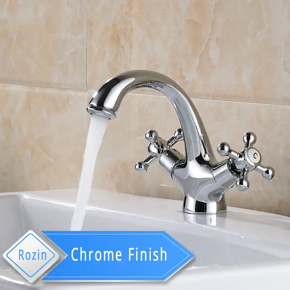 Chrome-finished rozin basin faucet with curved spout and dual cross handles for decorbites gold vessel sink basin faucet