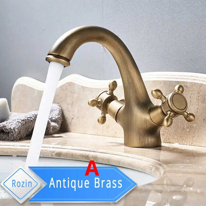 Antique brass traditional gold vessel sink basin faucet with curved spout and dual cross handles for bathroom use