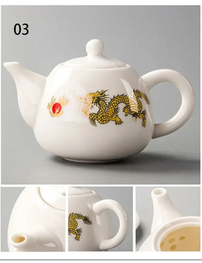 White ceramic dehua clay teapot with golden dragon design red circular motif from decorbites tea set