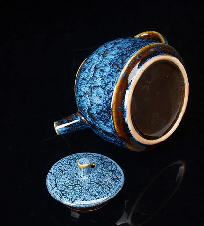 Traditional pink and brown crackle tea pot with blue glaze and brown rim by decorbites ceramic kung for kung fu tea